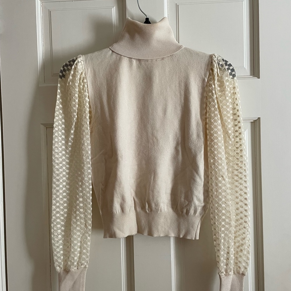 Cream Turtleneck Sweater with Sheer Puff Sleeves